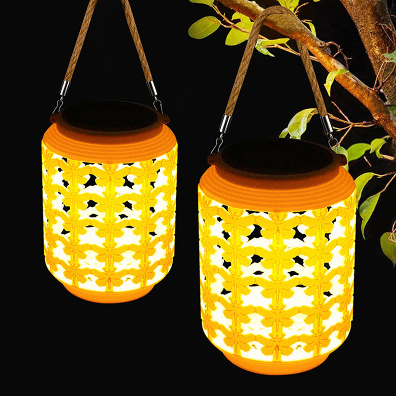 Traditional Chinese Solar Waterproof ABS Hemp Rope Cylinder Hollowed Lantern LED Outdoor Light Landscape Lighting For Garden