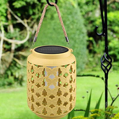 Traditional Chinese Solar Waterproof ABS Hemp Rope Cylinder Hollowed Lantern LED Outdoor Light Landscape Lighting For Garden