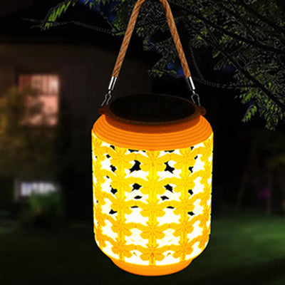 Traditional Chinese Solar Waterproof ABS Hemp Rope Cylinder Hollowed Lantern LED Outdoor Light Landscape Lighting For Garden