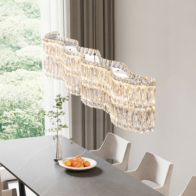 Modern Luxury Stainless Steel Crystal Wave Rectangular LED Chandeliers Island Light For Dining Room