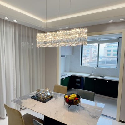 Modern Luxury Stainless Steel Crystal Wave Rectangular LED Chandeliers Island Light For Dining Room