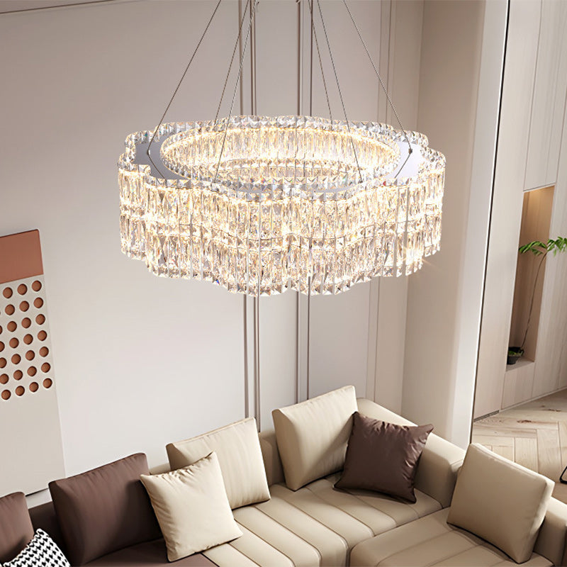 Modern Luxury Stainless Steel Crystal Round Flower LED Chandeliers For Living Room