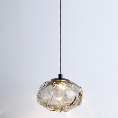 Contemporary Scandinavian Hardware Glazed Glass Smoke Round Liftable LED Pendant Light For Bedside