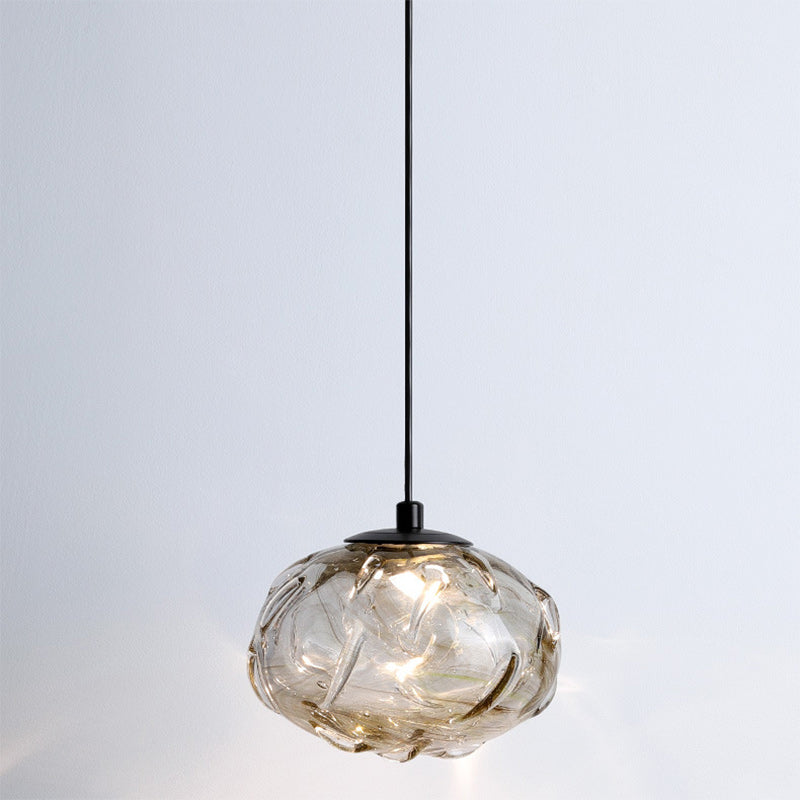 Contemporary Scandinavian Hardware Glazed Glass Smoke Round Liftable LED Pendant Light For Bedside