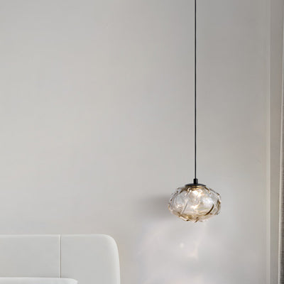 Contemporary Scandinavian Hardware Glazed Glass Smoke Round Liftable LED Pendant Light For Bedside