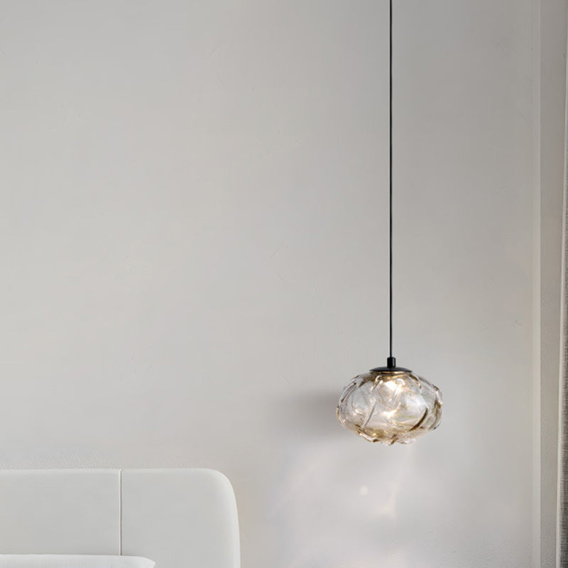 Contemporary Scandinavian Hardware Glazed Glass Smoke Round Liftable LED Pendant Light For Bedside