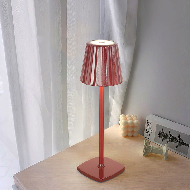 Contemporary Scandinavian Rechargeable Iron Acrylic Pleated Cylinder LED Table Lamp Night Light For Bedroom