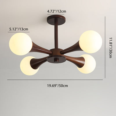 Traditional Japanese Rubber Wood Iron Glass Ball 3/4/5 Light Semi-Flush Mount Ceiling Light For Living Room