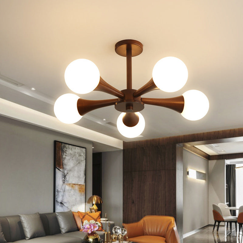 Traditional Japanese Rubber Wood Iron Glass Ball 3/4/5 Light Semi-Flush Mount Ceiling Light For Living Room