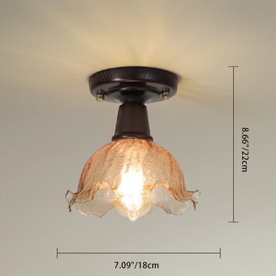 Contemporary Retro Crackle Flower Ash Wood Glass 1-Light Semi-Flush Mount Ceiling Light For Hallway