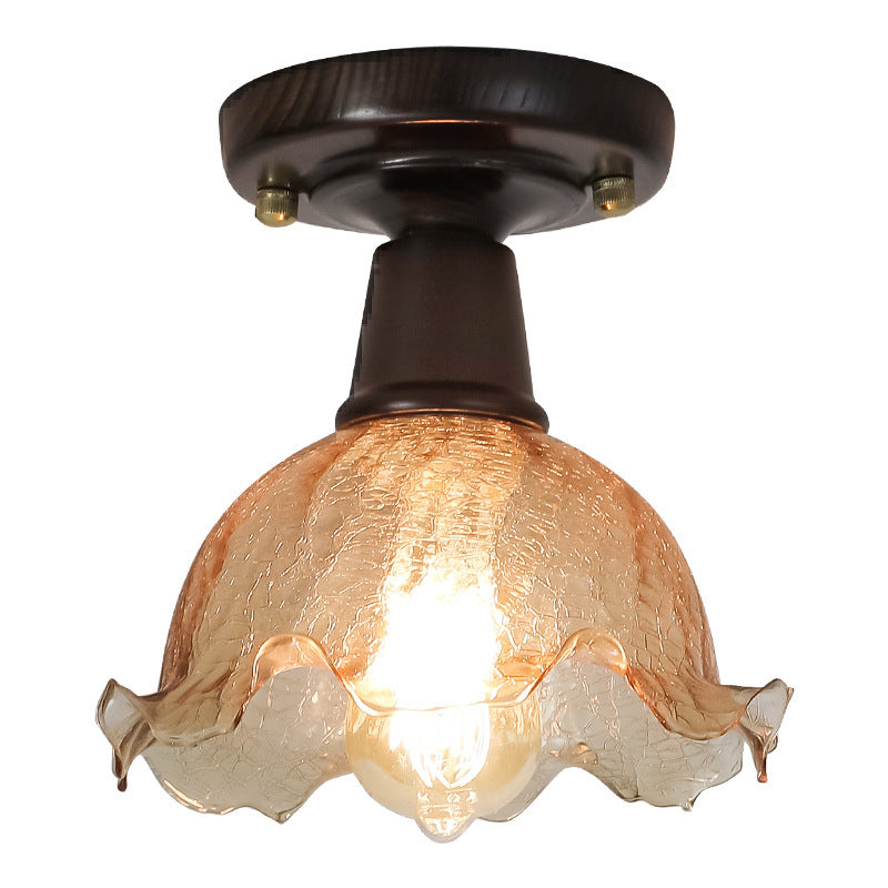 Contemporary Retro Crackle Flower Ash Wood Glass 1-Light Semi-Flush Mount Ceiling Light For Hallway