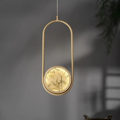 Traditional Chinese Round Square Elliptical Bamboo Leaf Copper Enameled Glass LED Pendant Light For Bedside