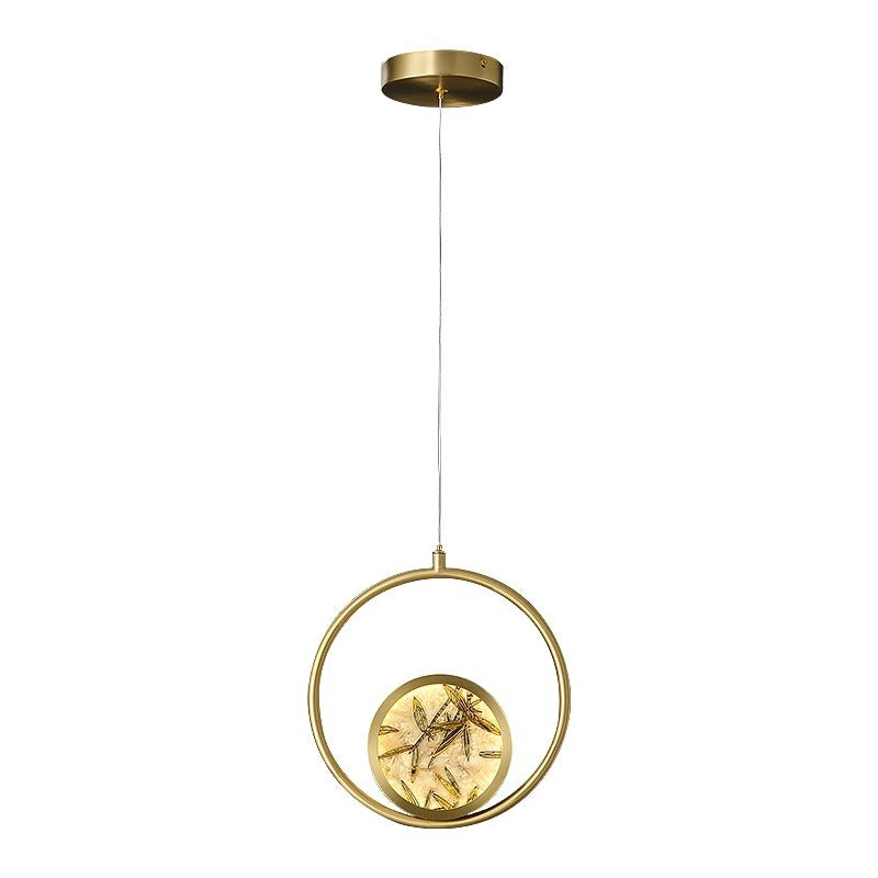 Traditional Chinese Round Square Elliptical Bamboo Leaf Copper Enameled Glass LED Pendant Light For Bedside