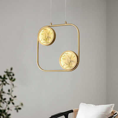 Traditional Chinese Round Square Elliptical Bamboo Leaf Copper Enameled Glass LED Pendant Light For Bedside