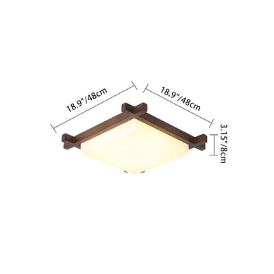 Traditional Japanese Square Rubber Wood Acrylic LED Flush Mount Ceiling Light For Bedroom