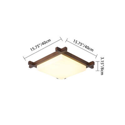 Traditional Japanese Square Rubber Wood Acrylic LED Flush Mount Ceiling Light For Bedroom