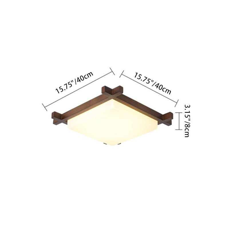 Traditional Japanese Square Rubber Wood Acrylic LED Flush Mount Ceiling Light For Bedroom