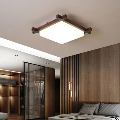 Traditional Japanese Square Rubber Wood Acrylic LED Flush Mount Ceiling Light For Bedroom