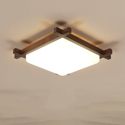 Traditional Japanese Square Rubber Wood Acrylic LED Flush Mount Ceiling Light For Bedroom