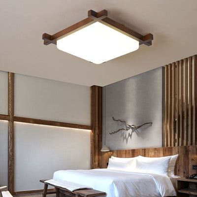 Traditional Japanese Square Rubber Wood Acrylic LED Flush Mount Ceiling Light For Bedroom