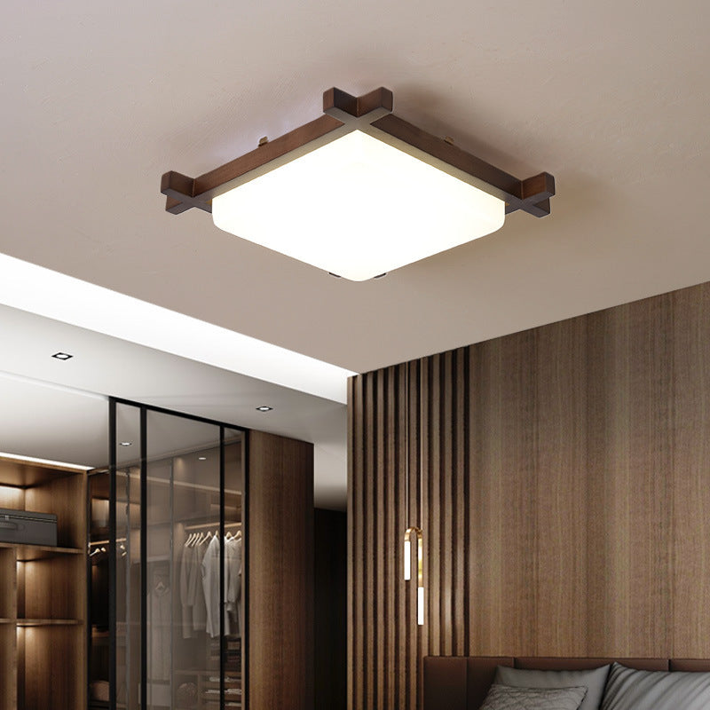 Traditional Japanese Square Rubber Wood Acrylic LED Flush Mount Ceiling Light For Bedroom