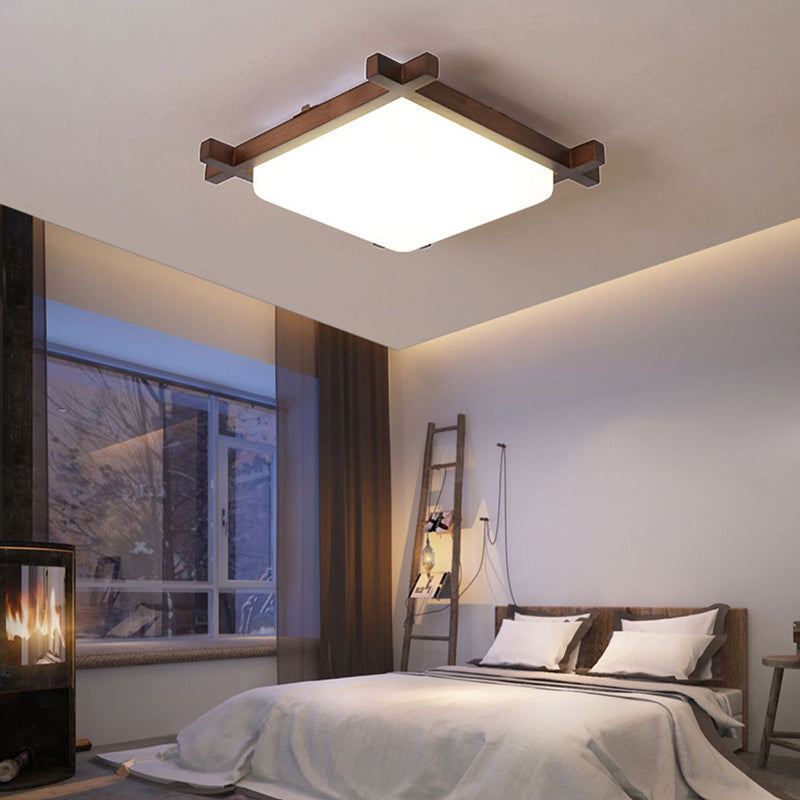 Traditional Japanese Square Rubber Wood Acrylic LED Flush Mount Ceiling Light For Bedroom