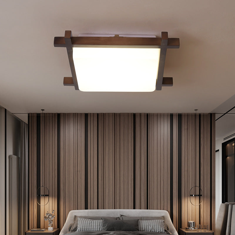 Traditional Japanese Square Rubber Wood Acrylic LED Flush Mount Ceiling Light For Bedroom