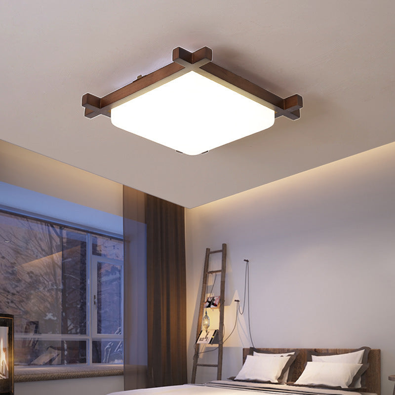 Traditional Japanese Square Rubber Wood Acrylic LED Flush Mount Ceiling Light For Bedroom