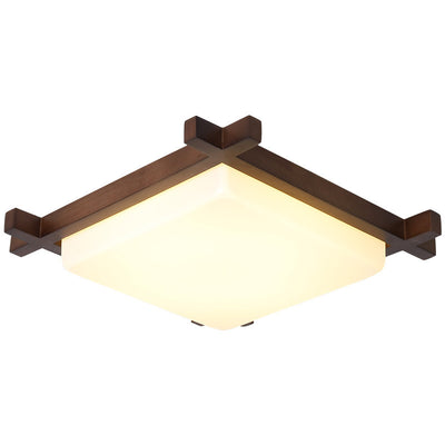 Traditional Japanese Square Rubber Wood Acrylic LED Flush Mount Ceiling Light For Bedroom