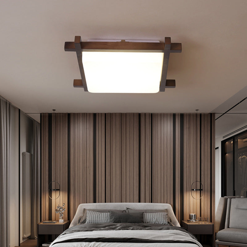 Traditional Japanese Square Rubber Wood Acrylic LED Flush Mount Ceiling Light For Bedroom