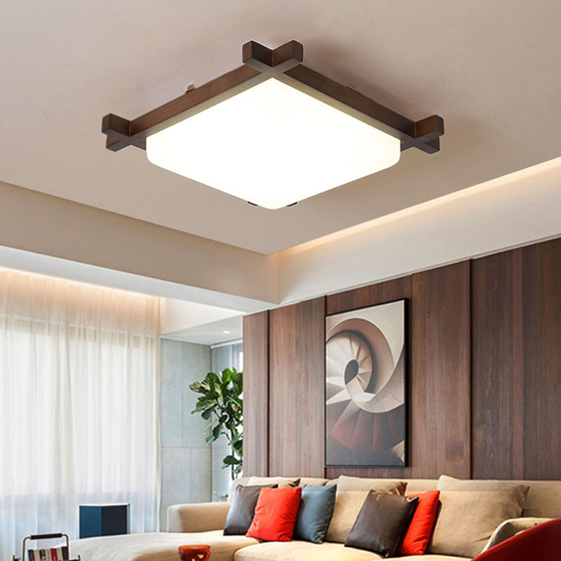 Traditional Japanese Square Rubber Wood Acrylic LED Flush Mount Ceiling Light For Bedroom