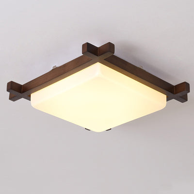 Traditional Japanese Square Rubber Wood Acrylic LED Flush Mount Ceiling Light For Bedroom