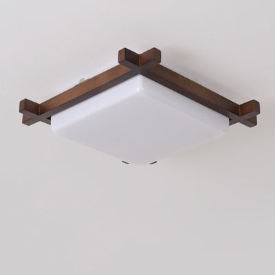 Traditional Japanese Square Rubber Wood Acrylic LED Flush Mount Ceiling Light For Bedroom