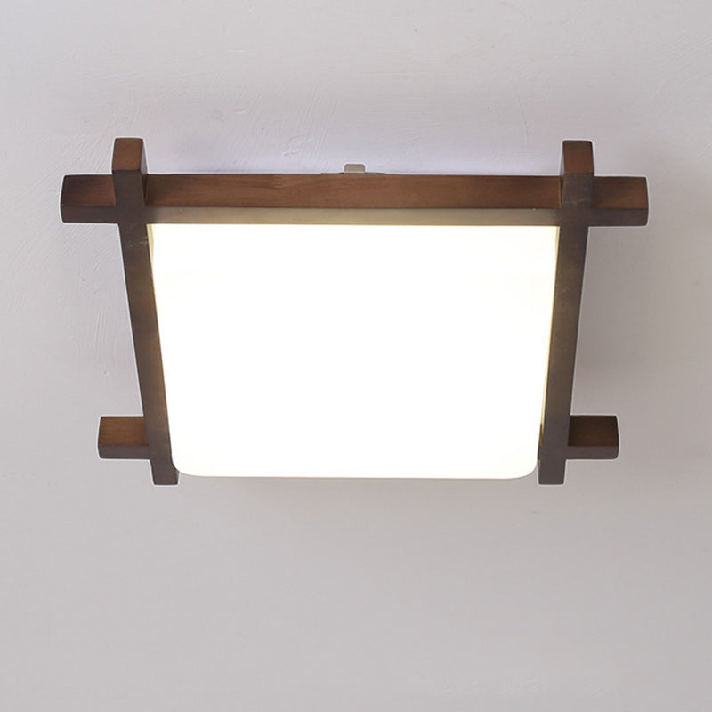 Traditional Japanese Square Rubber Wood Acrylic LED Flush Mount Ceiling Light For Bedroom