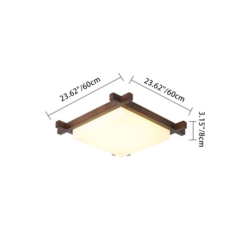 Traditional Japanese Square Rubber Wood Acrylic LED Flush Mount Ceiling Light For Bedroom