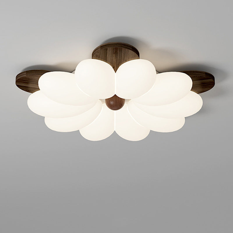 Contemporary Retro Flower Petal Wood PE LED Flush Mount Ceiling Light For Bedroom