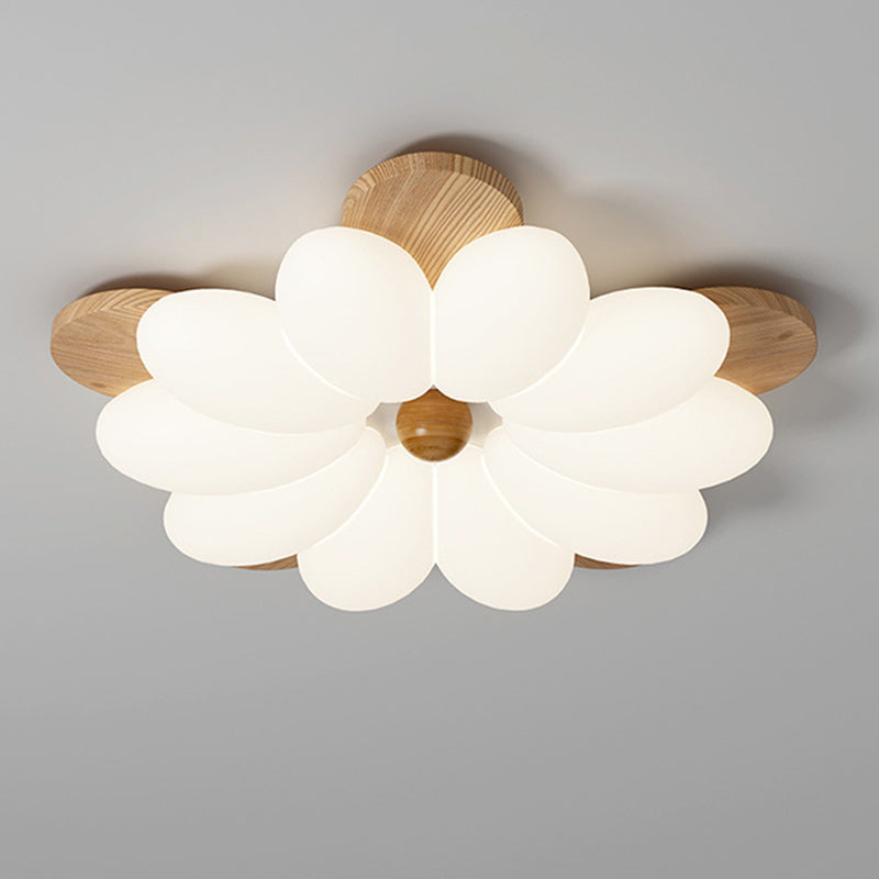 Contemporary Retro Flower Petal Wood PE LED Flush Mount Ceiling Light For Bedroom