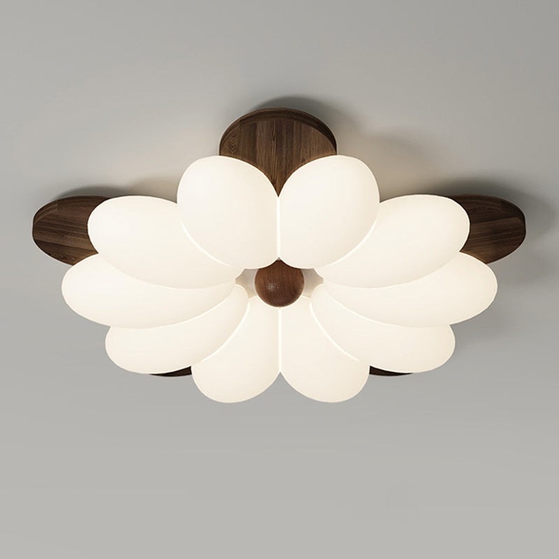 Contemporary Retro Flower Petal Wood PE LED Flush Mount Ceiling Light For Bedroom