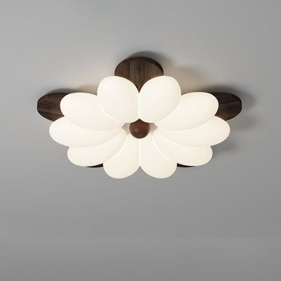 Contemporary Retro Flower Petal Wood PE LED Flush Mount Ceiling Light For Bedroom