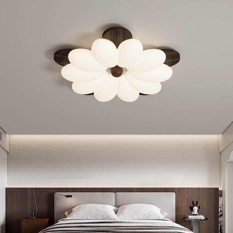 Contemporary Retro Flower Petal Wood PE LED Flush Mount Ceiling Light For Bedroom