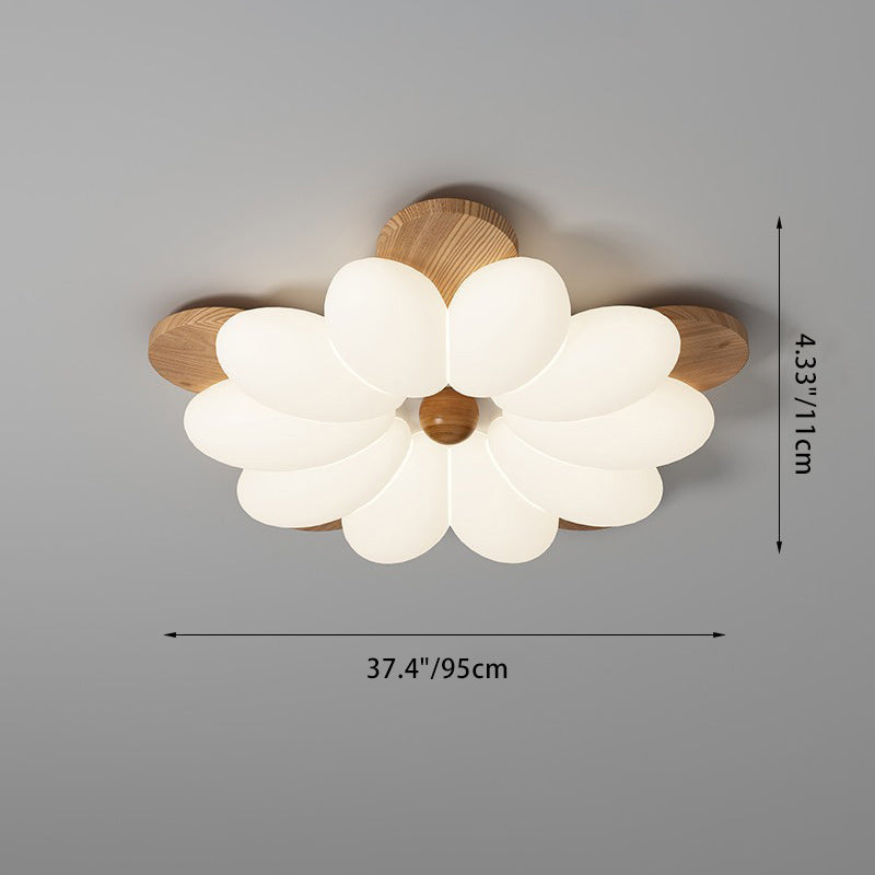 Contemporary Retro Flower Petal Wood PE LED Flush Mount Ceiling Light For Bedroom