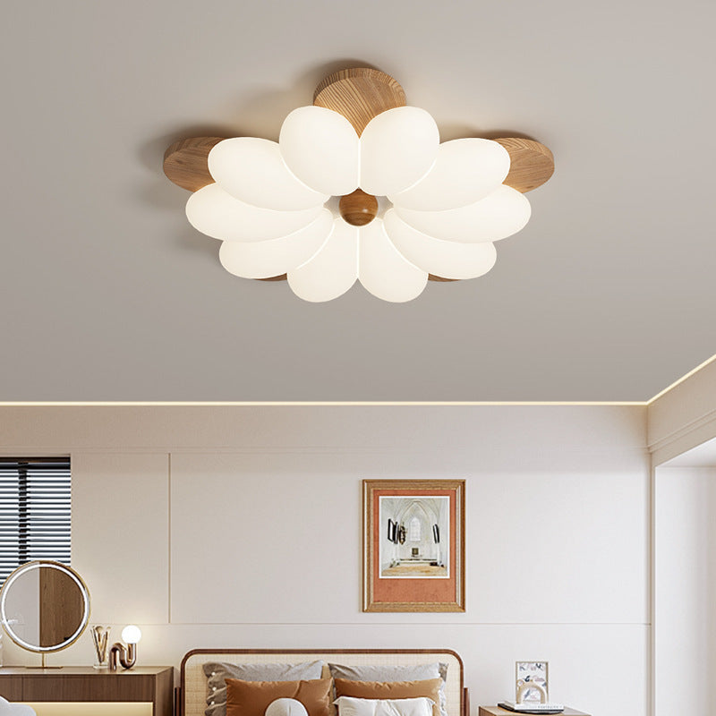 Contemporary Retro Flower Petal Wood PE LED Flush Mount Ceiling Light For Bedroom