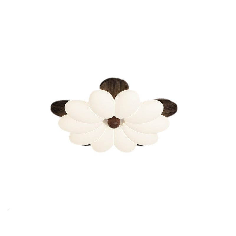 Contemporary Retro Flower Petal Wood PE LED Flush Mount Ceiling Light For Bedroom