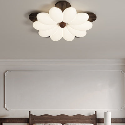 Contemporary Retro Flower Petal Wood PE LED Flush Mount Ceiling Light For Bedroom