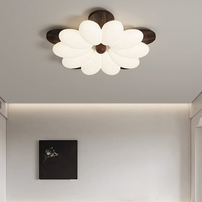 Contemporary Retro Flower Petal Wood PE LED Flush Mount Ceiling Light For Bedroom