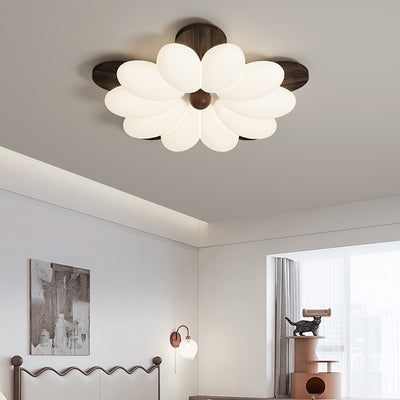 Contemporary Retro Flower Petal Wood PE LED Flush Mount Ceiling Light For Bedroom