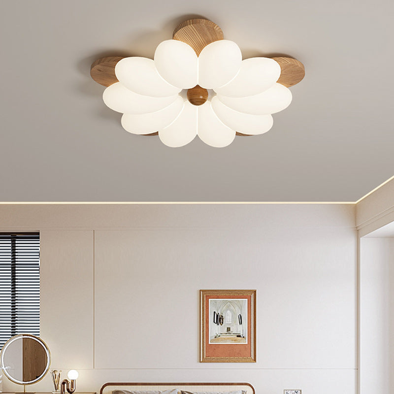 Contemporary Retro Flower Petal Wood PE LED Flush Mount Ceiling Light For Bedroom