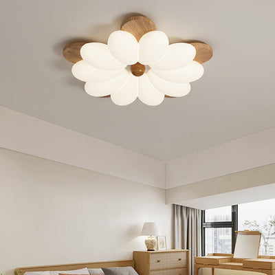 Contemporary Retro Flower Petal Wood PE LED Flush Mount Ceiling Light For Bedroom