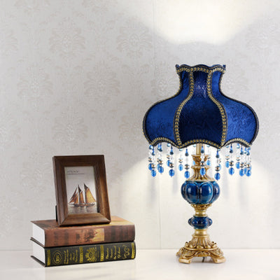 Traditional European Resin Fabric Lace Beads Floral 1-Light Table Lamp For Bedside