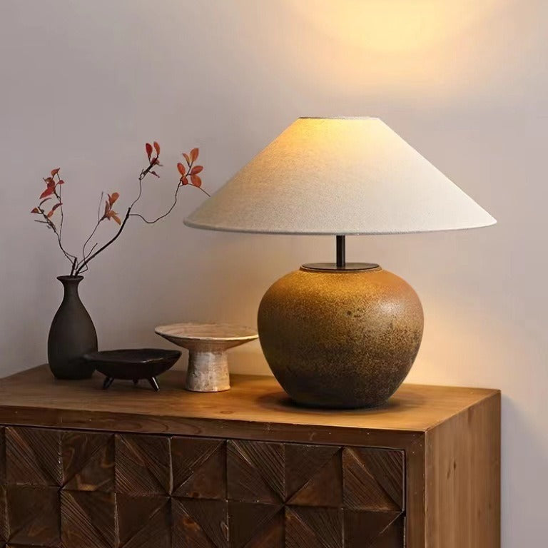 Traditional Japanese Fabric Ceramic Pot Conic 1-Light Table Lamp For Bedside